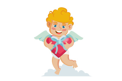 Cupid Vector. Happy Valentine s Day. Holding A Box Present In Form Of Heart. Isolated On White Cartoon Character Illustration