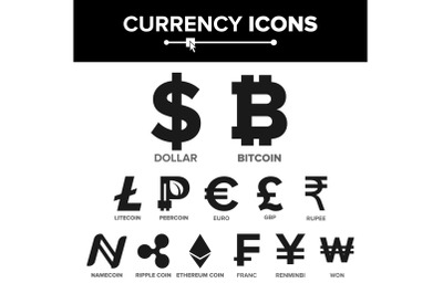 Currency Icon Sign Set Vector. Money. Famous World Currency Cryptography. Finance Illustration. Bitcoin, Litecoin, Peercoin, Ripple Coin, Etherum, Dollar, Euro, GBP, Rupee, Franc, Renminbi Yuan, Won