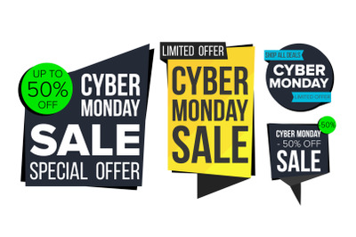 Cyber Monday Sale Banner Set Vector. Discount Tag&2C; Special Monday Offer Banners. November Good Deal Promotion. Discount And Promotion. Half Price Cyber Stickers. Isolated Illustration