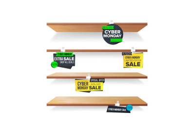 Empty Shelves&2C; Cyber Monday Sale Advertising Wobblers Vector. Retail Concept. Big Sale Banner. Cyber Monday Discount Sticker. Sale Banners. Isolated Illustration