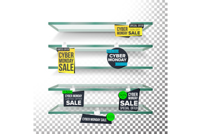 Empty Supermarket Shelves&2C; Cyber Monday Sale Wobblers Vector. Price Tag Labels. November Big Sale Banner. Cyber Monday Selling Card. Discount Sticker. Sale Banners. Isolated Illustration