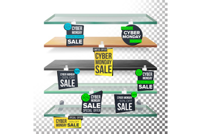 Supermarket Shelves&2C; Cyber Monday Sale Advertising Wobblers Vector. Retail Sticker Concept. Mega Sale Design Concept. Cyber Monday Best Offer. Discount Sticker. Sale Banners. Isolated Illustration