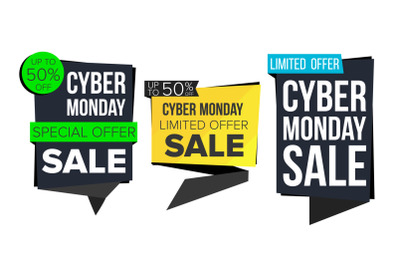 Cyber Monday Sale Banner Collection Vector. Online Shopping. Website Stickers&2C; Cyber Web Page Design. Monday Advertising Element. Shopping Backgrounds. Isolated Illustration