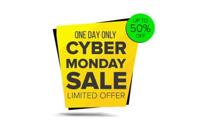 Cyber Monday Sale Banner Vector. Up To 50 Percent Off Monday Badge. Crazy Sale Poster. November Crazy Discounts Poster. Isolated Illustration