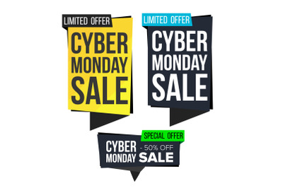 Cyber Monday Sale Banner Set Vector. November Online Shopping. Discount Banners. Monday Sale Banner Tag. Cyber Price Tag Labels. Isolated Illustration