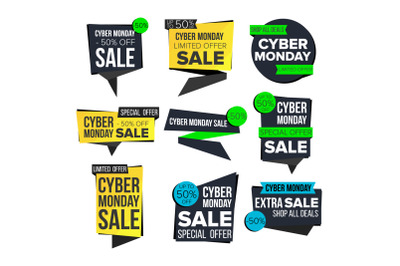 Cyber Monday Sale Banner Set Vector. November Sale Technology Banner. Website Stickers&2C; Cyber Web Page Design. Up To 50 Percent Off Monday Badges. Isolated Illustration