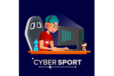 Cyber Sport Player Vector. Sitting At The Table. Cyber Sport Tournament. Competitive MMORPG. Final Match. Game Tactic. Flat Cartoon Illustration