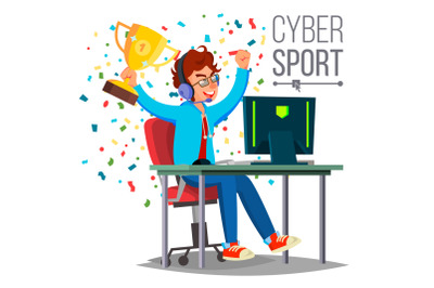 Cyber Sport Player Vector. Playing Computer Game. Professional Gamer. Event. Competition. Game Strategist. Isolated On White Cartoon Character Illustration