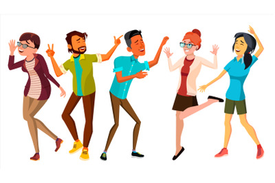 Dancing People Set Vector. Smiling And Have Fun. Free Movement Poses. Isolated Flat Cartoon Illustration