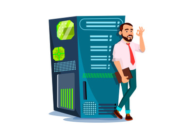 Data Center Vector. Hosting Server And Man. Storage Cloud. Network And Database. Isolated Flat Cartoon Illustration