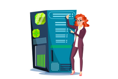 Data Center Vector. Hosting Server And Woman. Storage Cloud. Network And Database Support. Isolated Flat Cartoon Illustration