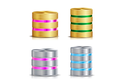 Network Database Disc Icon Vector Set. Realistic Illustration Of Computer Hard Disk. Golden Metal, Silver, Chrome. Backup Concept Isolated On White