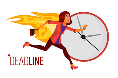 Deadline Concept Vector. Stressed Office People. Running Business Woman On Fire. Time Management. Struggling With Deadline. Overwork, Chaos In Office. Work. Illustration