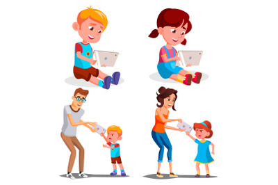 Children s Gadget Dependence Vector. Father, Mother Takes Smartphone From Daughter. Internet Addiction. Modern Technologies. Isolated Cartoon Illustration