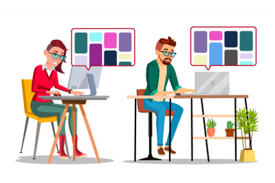 Graphic Designer At Work Vector. Man, Woman Searching For References On Popular Creative Web Site. Freelance Concept. Isolated Illustration