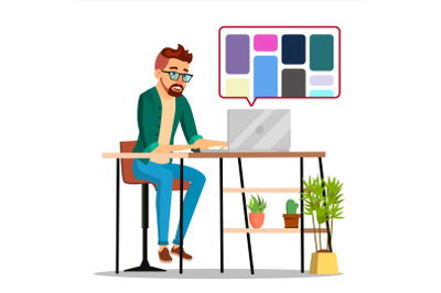 Graphic Designer Working Vector. Man Searching For References On Popular Creative Web Site. Freelance Concept. Isolated Illustration