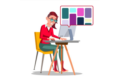 Graphic Designer Working Vector. Woman Searching For References On Popular Creative Web Site. Freelance Concept. Isolated Illustration