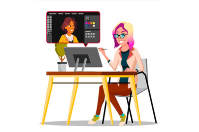 Photographer Retouching Photo Vector. Woman Working With Graphic Software. Freelance Concept. Isolated Illustration