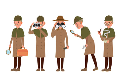 Detective Character Vector. Shamus, Spotter Man. Classic Detective Equipment. Isolated On White Cartoon Illustration