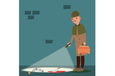 Crime Scene Vector. Snoop, Shamus, Spotter. Flat Cartoon Illustration