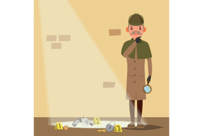 Crime Scene Vector. Detective Character Man. Crime Scene Investigation. Snoop, Shamus. Flat Cartoon Illustration