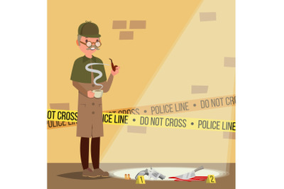 Crime Scene Vector. Detective At Crime Scene. Flat Cartoon Illustration