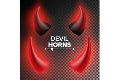 Devils Horns Vector. Red Luminous Horn. Realistic Red And Black Devil Horns Set. Isolated On Transparent Illustration.