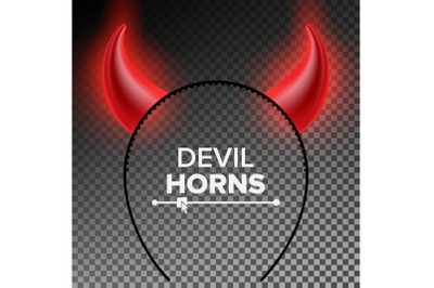 Devil Horns Vector. Head Gear. Red Luminous Horn. Halloween Evil Horns Sign, Icon. Isolated On Transparent Background