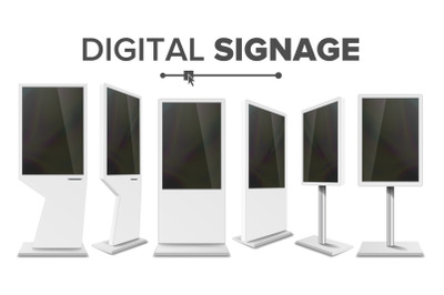 Digital Signage Touch Kiosk Set Vector. Display Monitor. Multimedia Stand. LCD High Defintion Digital Signage. For Restaurants Advertising Projects. Isolated Illustration