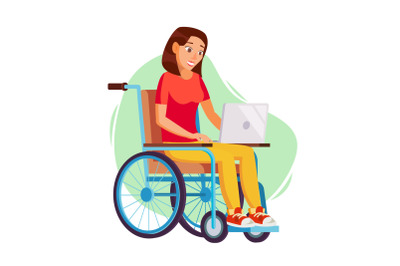 Disabled Woman Person Working Vector. Woman Sitting In Wheelchair. Disabled And Recovering. Flat Cartoon Illustration