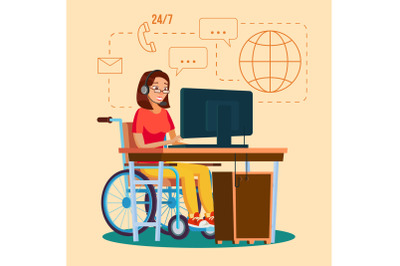 Disabled Woman Working Vector. Socialization Concept. Wheelchair With Person. Isolated Flat Cartoon Character Illustration