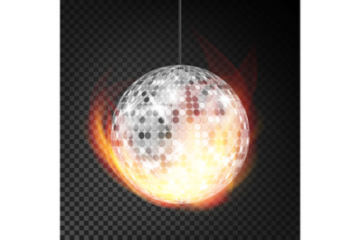 Silver Disco Ball In Fire Vector Realistic. Burning Dance Night Club Ball. Transparent Background Illustration