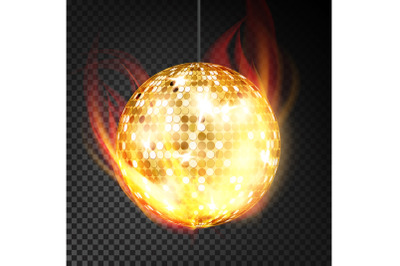 Gold Disco Ball Vector Realistic. Yellow Dance Night Club Ball In Burning Style Isolated On Transparent Background Illustration