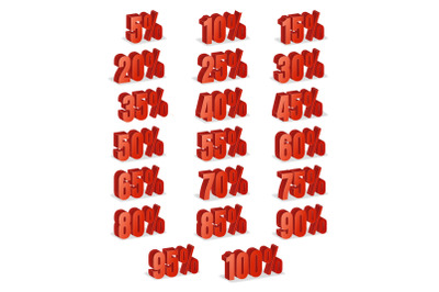 Discount Numbers 3d Vector. Red Sale Percentage Icon Set In 3D Style Isolated On White Background. 10 percent off, 15 off and 20 percent off discount illustration