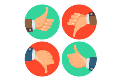 Thumbs Up, Down Icons Vector. Business Hands. Social Media Network Web Symbol. Choice Concept. Vote Finger. Good, Bad. Dislike And Like. Flat Cartoon Illustration