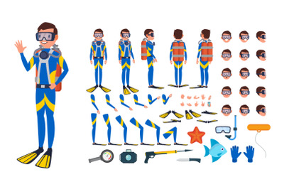 Diver Man Vector. Animated Character Creation Set. Under Water. Scuba Diver. Snorkeling Diving. Full Length, Front, Side, Back View, Poses, Face Emotions, Gestures. Isolated Flat Cartoon Illustration