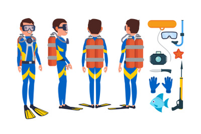 Diver Vector. Underwater. Diving At The Bottom Of The Sea. Flat Cartoon Illustration