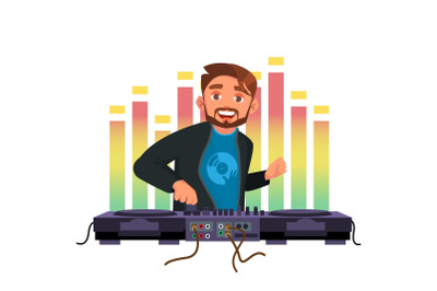 Dj Vector. Playing Disco House Music. Stylish Man. Headphones. Concert Concept. Isolated Flat Cartoon Character Illustration