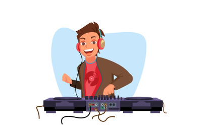 Modern Dj Vector. Playing Progressive Electro Music. Dj And Mixing Console. Night Club Concept. Flat Cartoon Illustration