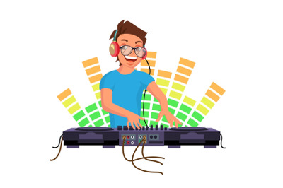 Professional Dj Vector. Playing Disco House Music. Mixing Music On Turntables. Party Dance Concept. Isolated On White Cartoon Character Illustration