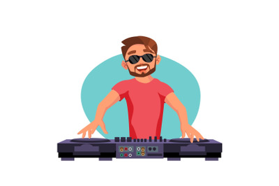 Classic Dj Vector. Playing Progressive Electro Music. Dj Playing, Mixing Music On Deck. Studio Concept. Cartoon Character Illustration