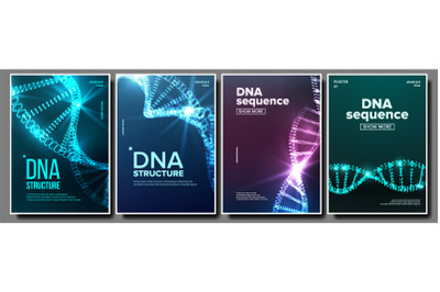 Dna Poster Set Vector. Biochemistry Flyer. Evolution Symbol. Healthy Chromosome. Digital Cell. Medical Banner. Microscopic Element. Illustration