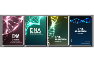 Dna Poster Set Vector. Genetic Molecule. Abstract Helix. Clone Atom. Mutation Test. Futuristic Code. Science Background. Biochemistry Flyer. Illustration