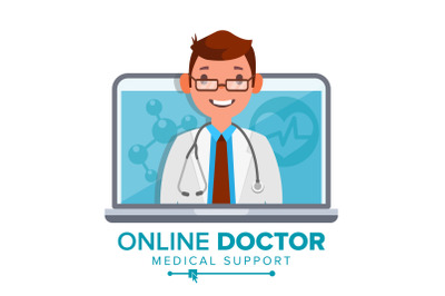 Online Doctor Man Vector. Medical Consultation Concept Design. Male Look Out Laptop. Online Medicine Support. Isolated Flat Illustration