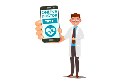 Online Doctor Mobile Service Vector. Man Holding Smartphone With Online Consultation On Screen. Medicine Support. Healthcare App. Isolated Flat Illustration