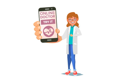 Online Doctor Mobile Service Vector. Woman Holding Smartphone With Online Consultation On Screen. Medicine Support. Healthcare App. Isolated Flat Illustration