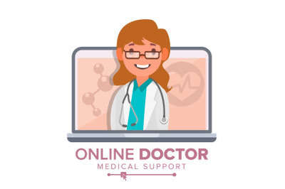 Online Doctor Woman Vector. Medical Consultation Concept Design. Female Look Out Laptop. Online Medicine Support. Isolated Flat Illustration