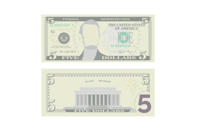 5 Dollars Banknote Vector. Cartoon