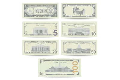 Dollars Banknote Set Vector. Cartoon