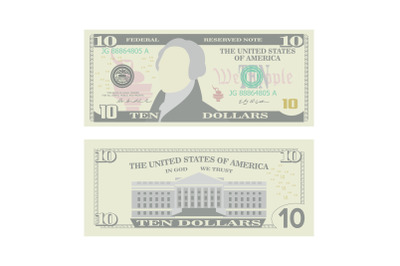 10 Dollars Banknote Vector. Cartoon